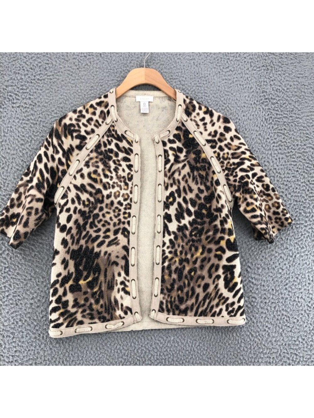 Chicos Sweater Womens 0 US Small Beige Leopard Shimmer Open Cardigan Everyday